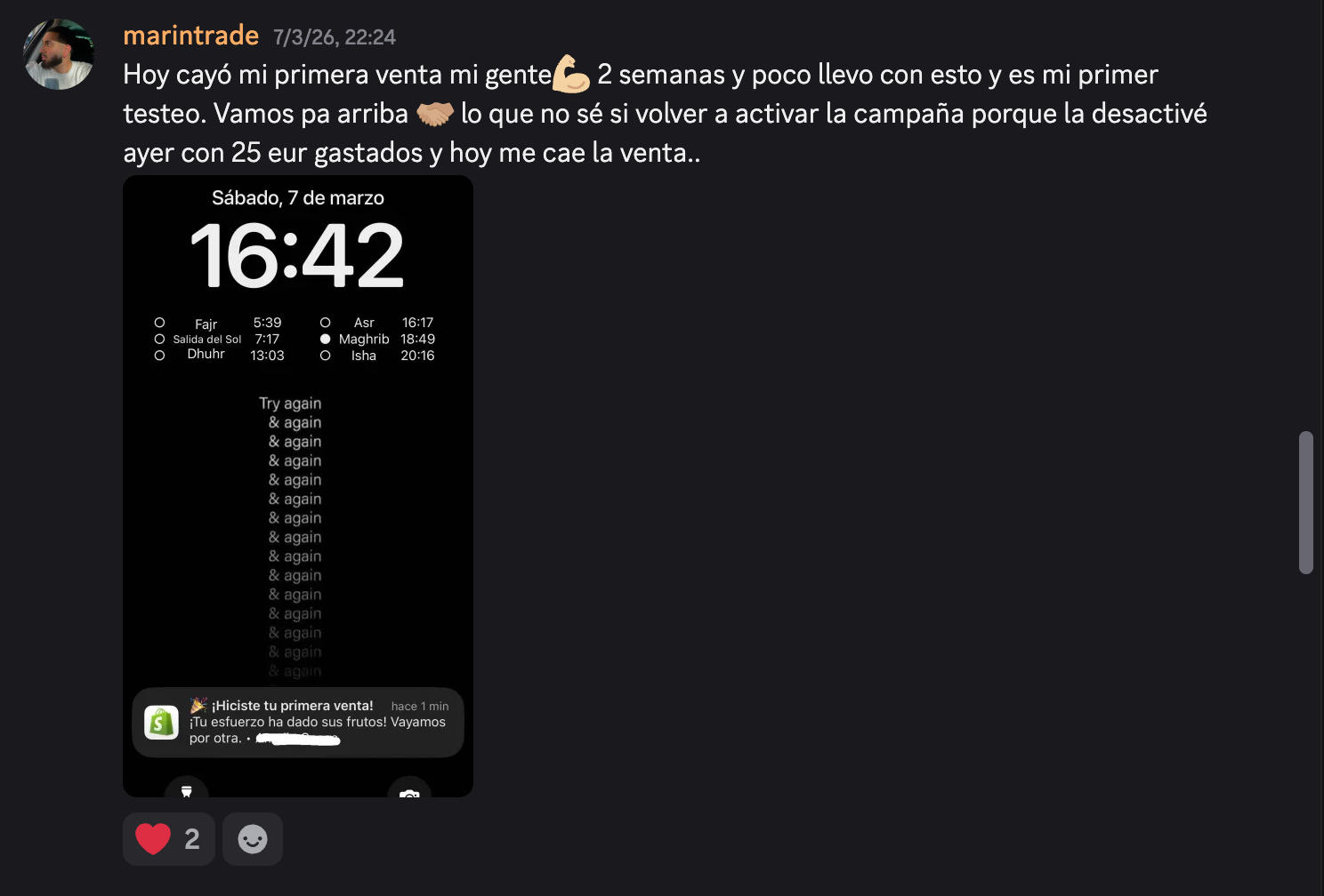 Primera venta en el primer testeo