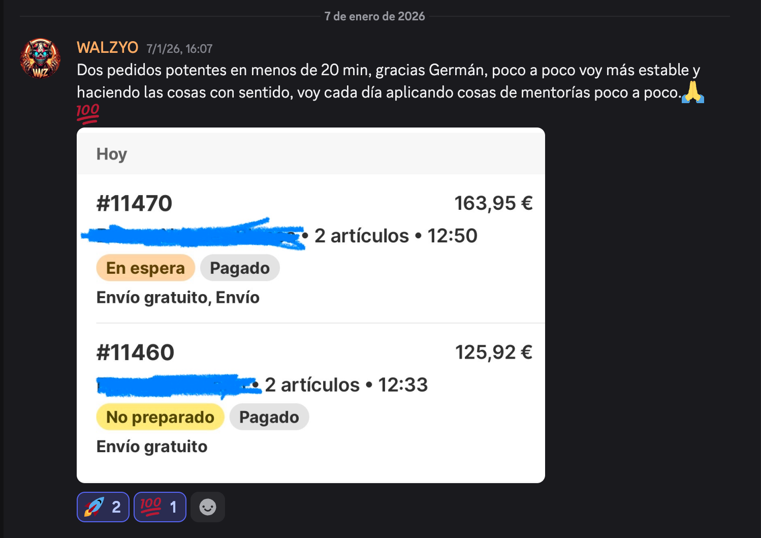 Dos pedidos recibidos en menos de 20 minutos