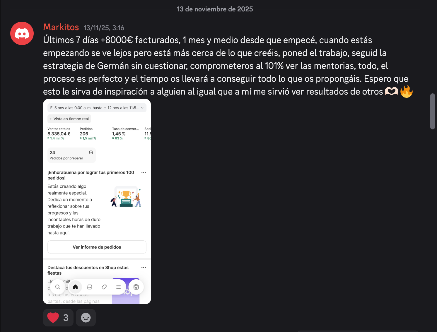 Panel con 8.335 € de ventas en 7 días