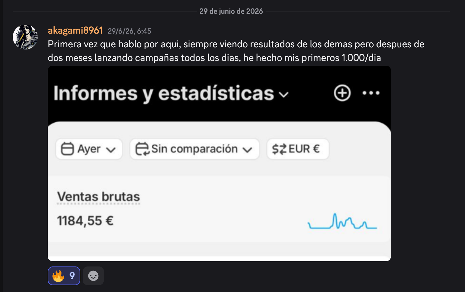 Panel con 1.184 € de ventas en un día